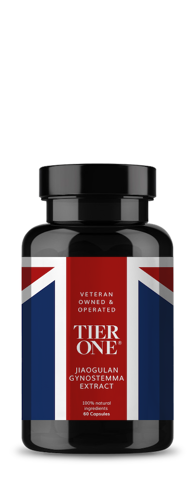 Bottle of Tier One's Jiaogulan, supporting cholesterol levels, immune modulation, and healthy metabolism