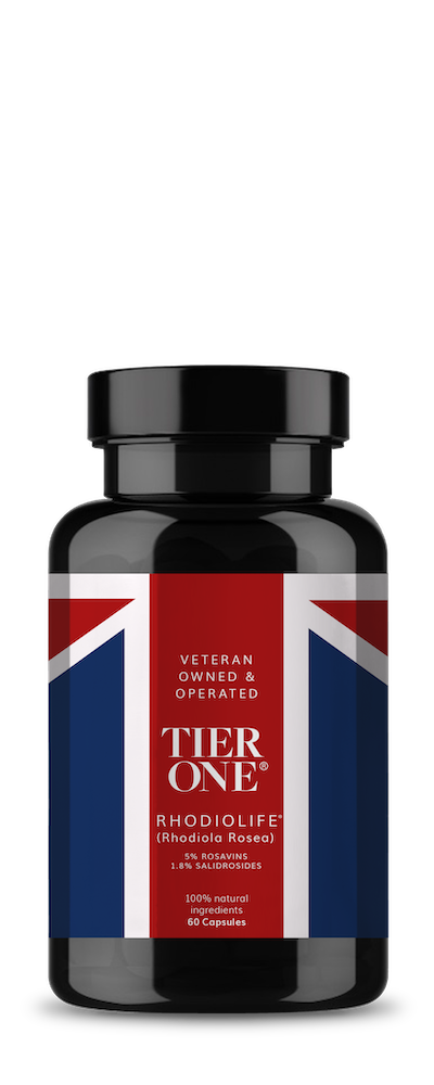Bottle of Tier One's Rhodiolife which benefits mental energy and reduce stress